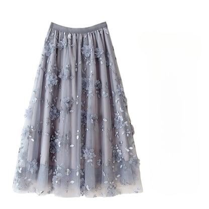 New in A-Line High Waist Embroidery 3D Flower Tulle Midi Skirt Women Spring Summer Pink Chic Elegant Mesh Party Long Skirt