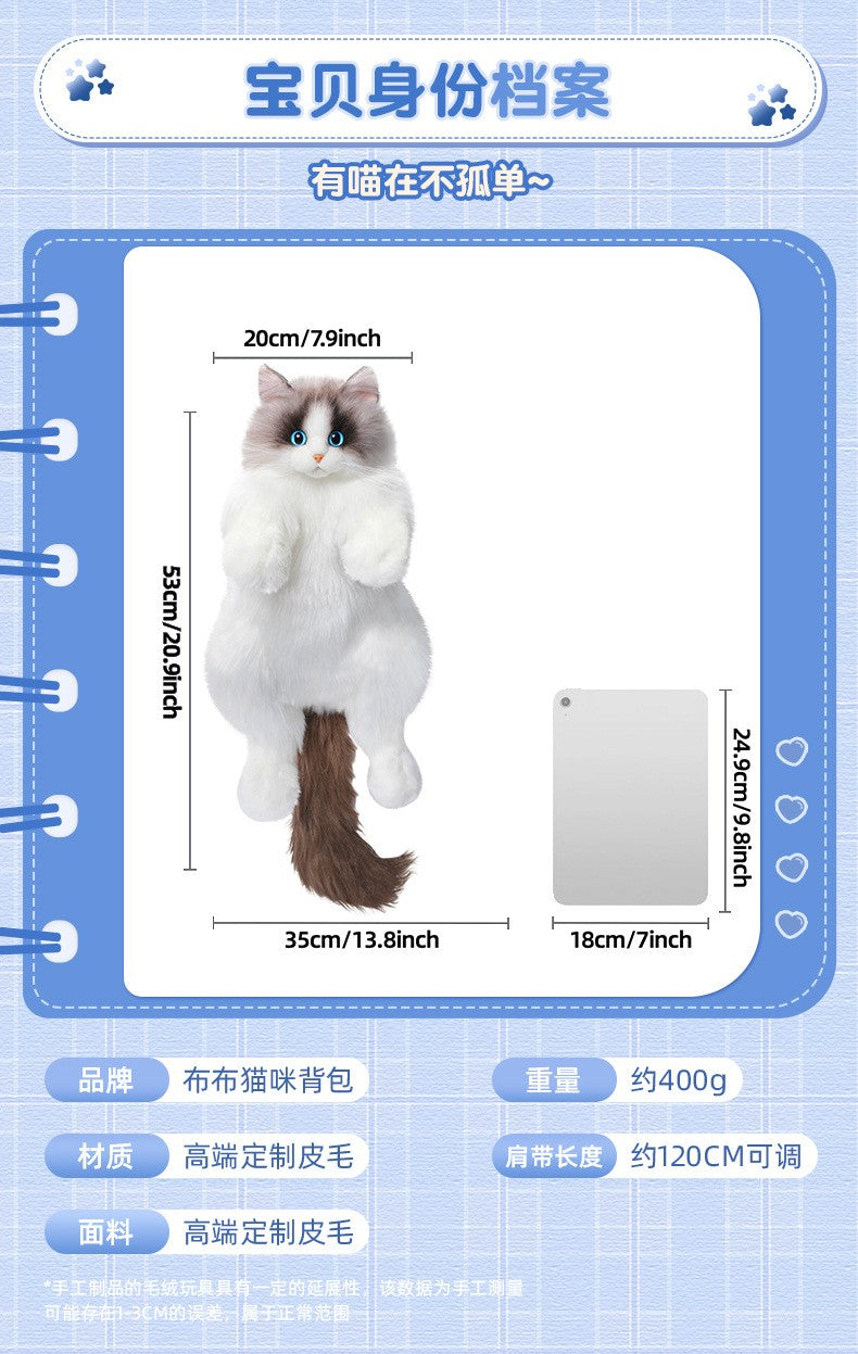Mochila de Gato de Pelúcia Super Realista Bolsa de Compras para Viagem Bolsa Escolar de Gato de Desenho Animado Bonito Bolsa de Pelúcia Presente para Meninas