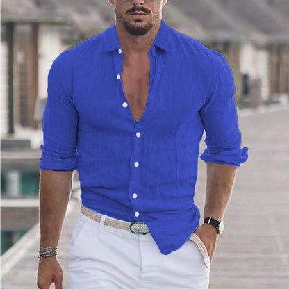 Summer Men's Cotton Linen Long Sleeve Casual Shirt Hawaii Fashion Lapel Loose soft comfortable Breathable Solid color Cardigan