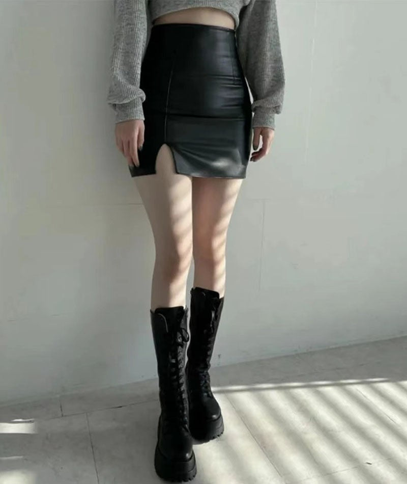 Xpqbb Balck PU Leather Mini Skirt Women Sexy Skinny High Waist Side Split Hip Skirts Autumn New Korean Office Lady Short Skirt
