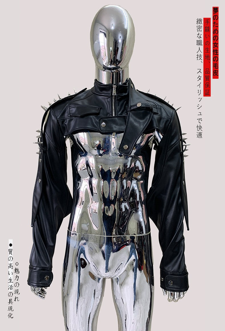 Mauroicardi Cool Black Cropped Pu Leather Jacket Men Rivet Shoulder Pads Zip Up Short Luxury Punk Style Clothes European Fashion