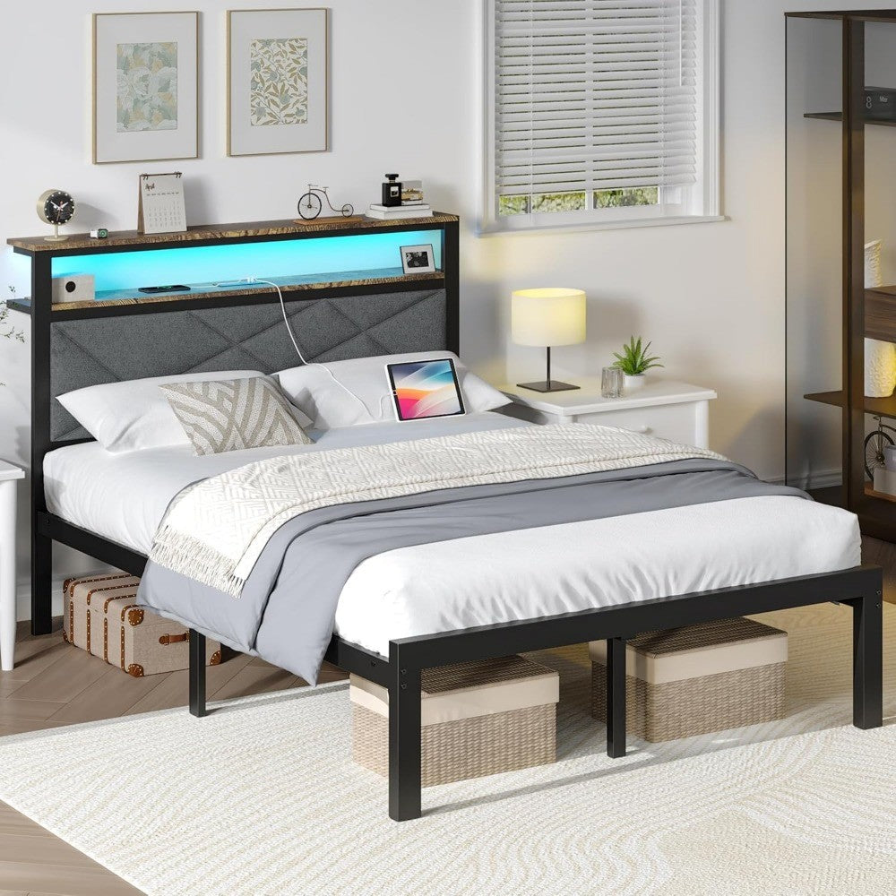 Bed Frame with LED Headboard & Built-in USB Charging Station,Linen Upholstered Backrest Metal Bed with Shelves,Under Bed Storage