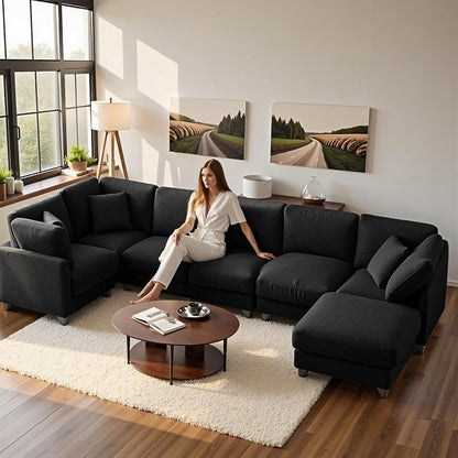 Luxury Oversized Chenille Sofa – 7-Seat Modular Sectional Cloud Couch with Movable Ottoman, Convertible for Living Room