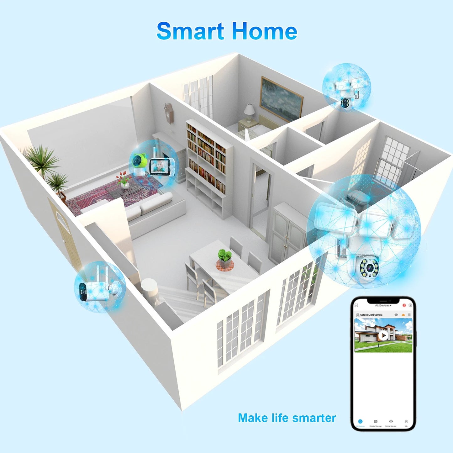 4MP Floodlight Camera Wifi PTZ Outdoor AI Humanoid Tracking Night Vision Cameras CCTV Smart Home Security Protection  Icsee App