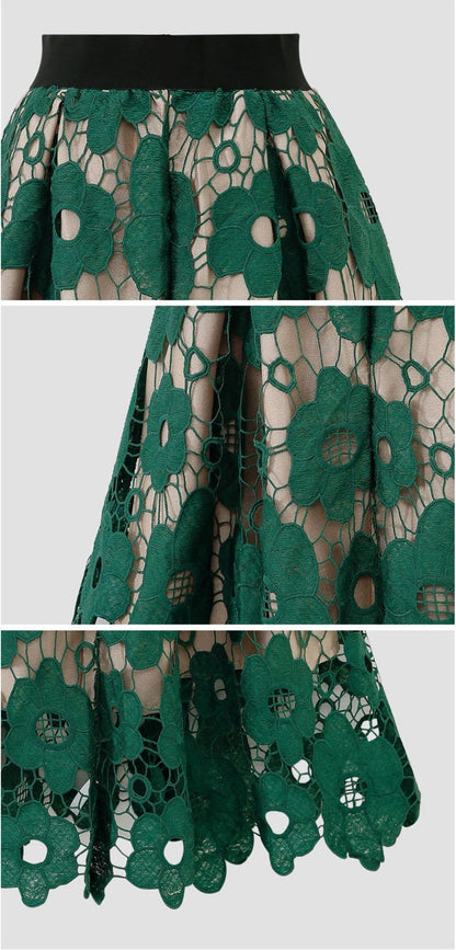 Summer Boho Lace Skirts Women Vintage Mesh Hollow Out Plus Size Skirt Elastic Waist Elegant  A-Line Midi Saias Black Red Green