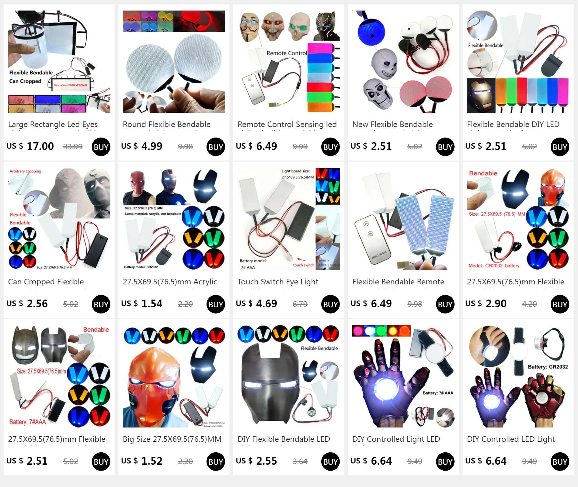 Round Flexible Bendable DIY Led Light Eyes Kits Cosplay Halloween Helmet Masks Eye Light Accessories Can Cropped CR2032