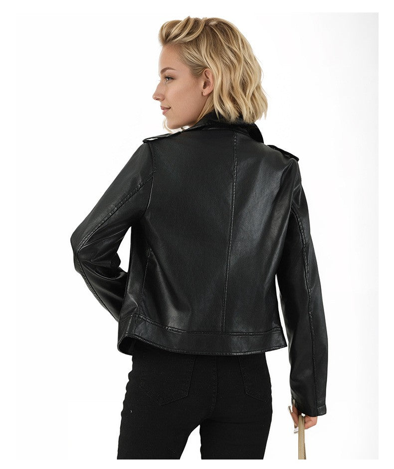 Women's Short-Length Black Leather Jacket for Fall, Fashionable Casual PU Jackets, Sizes: S M L XL.