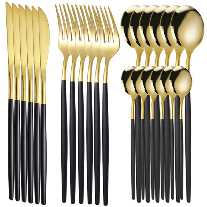 Conjunto de Talheres 24 Peças Aço Inoxidável Preto Dourado Faca Garfo Colher Talheres Ocidentais Prata Utensílios de Mesa