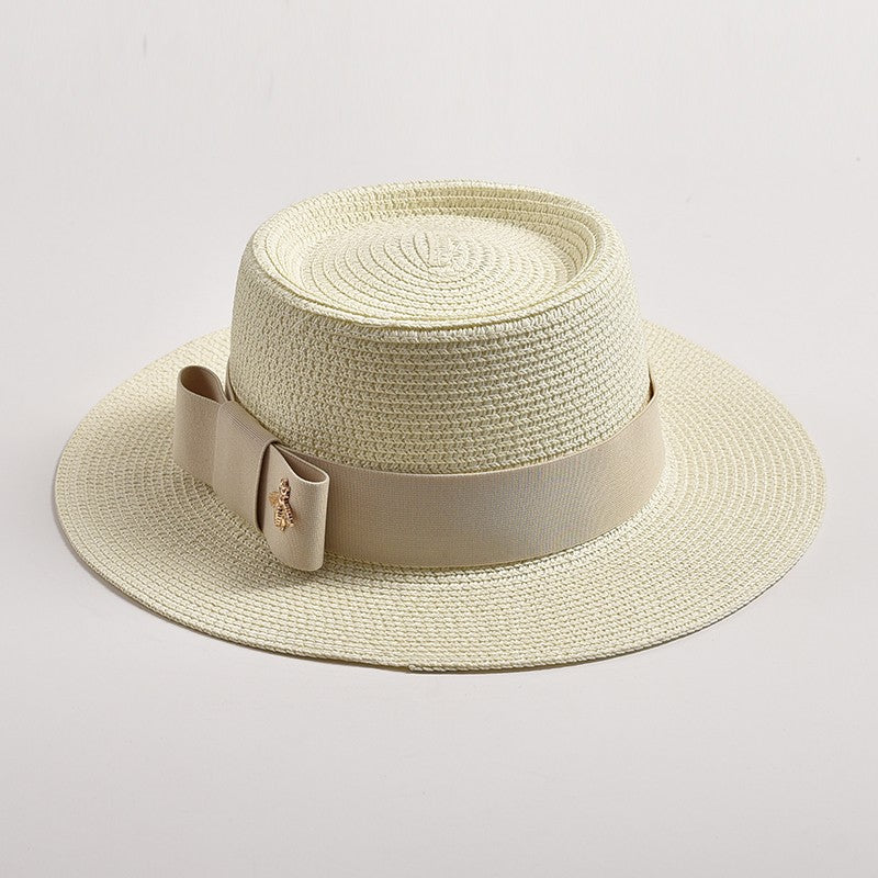Novos Chapéus de Palha Primavera Verão Femininos de Superfície Ondulada, Topo Reto, Laço, Boné de Vestido, Chapéu de Sol para Viagem e Praia, Gorra