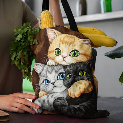 Cute Snuggling Kittens Tote Bag Durable Polyester Foldable Reusable Shopping Bag with Colorful Cat Large Capacity Handbag
