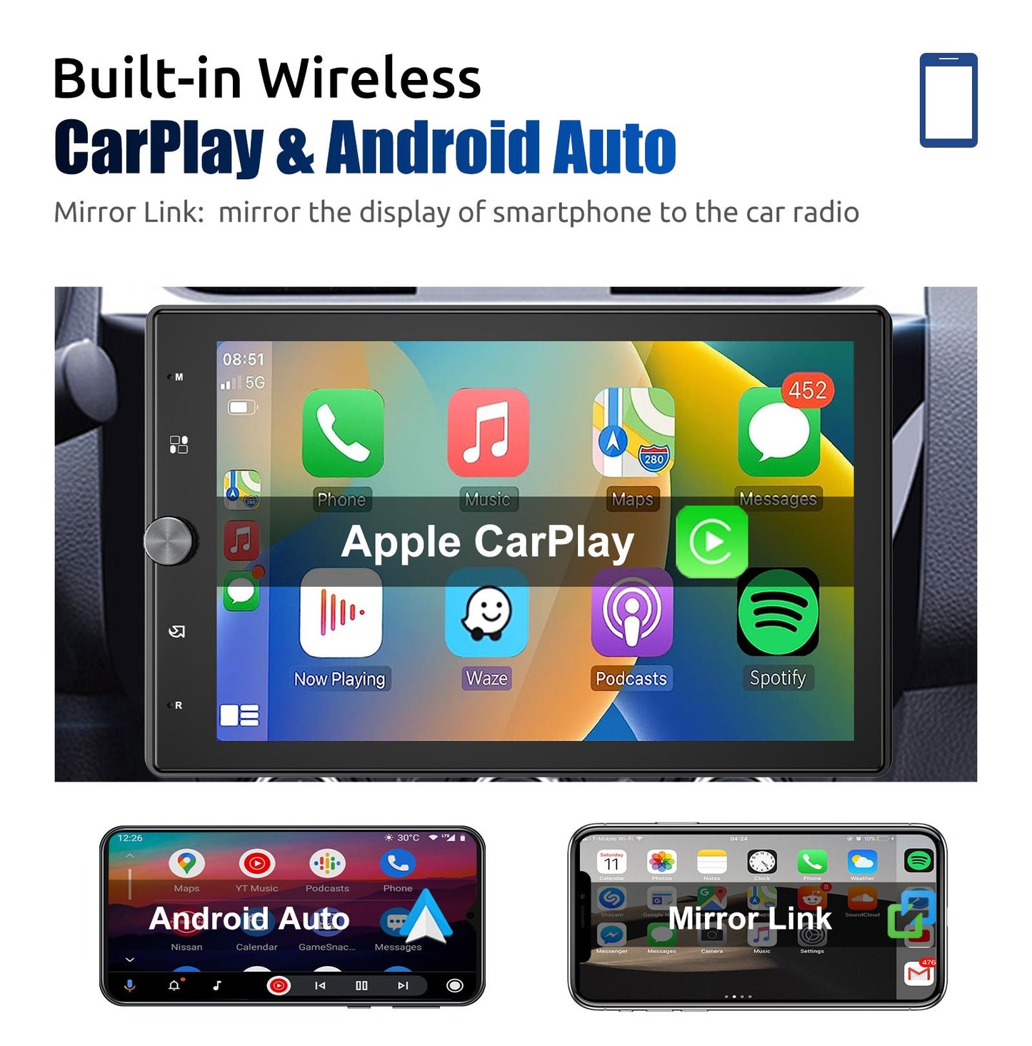 10.4" Wireless Single 1 DIN Rotatable Car Stereo Radio Apple CarPlay & Android Auto Touch Screen USB BT FM AUX-IN SWC+MIC&Camera