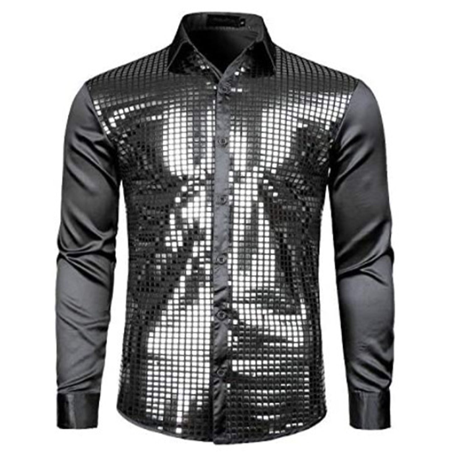 Club Sequin Shirt Mens 70s Disco Costume Vinatge Shirt Turn-down Collar Reflective Shiny Sequins Short Sleeve Button Down Shirt