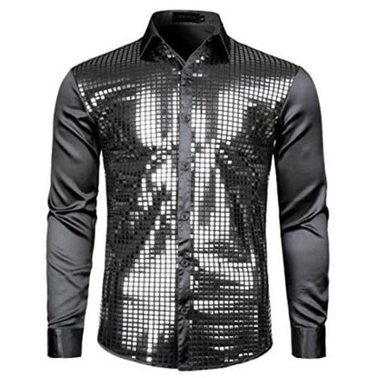 Club Sequin Shirt Mens 70s Disco Costume Vinatge Shirt Turn-down Collar Reflective Shiny Sequins Short Sleeve Button Down Shirt
