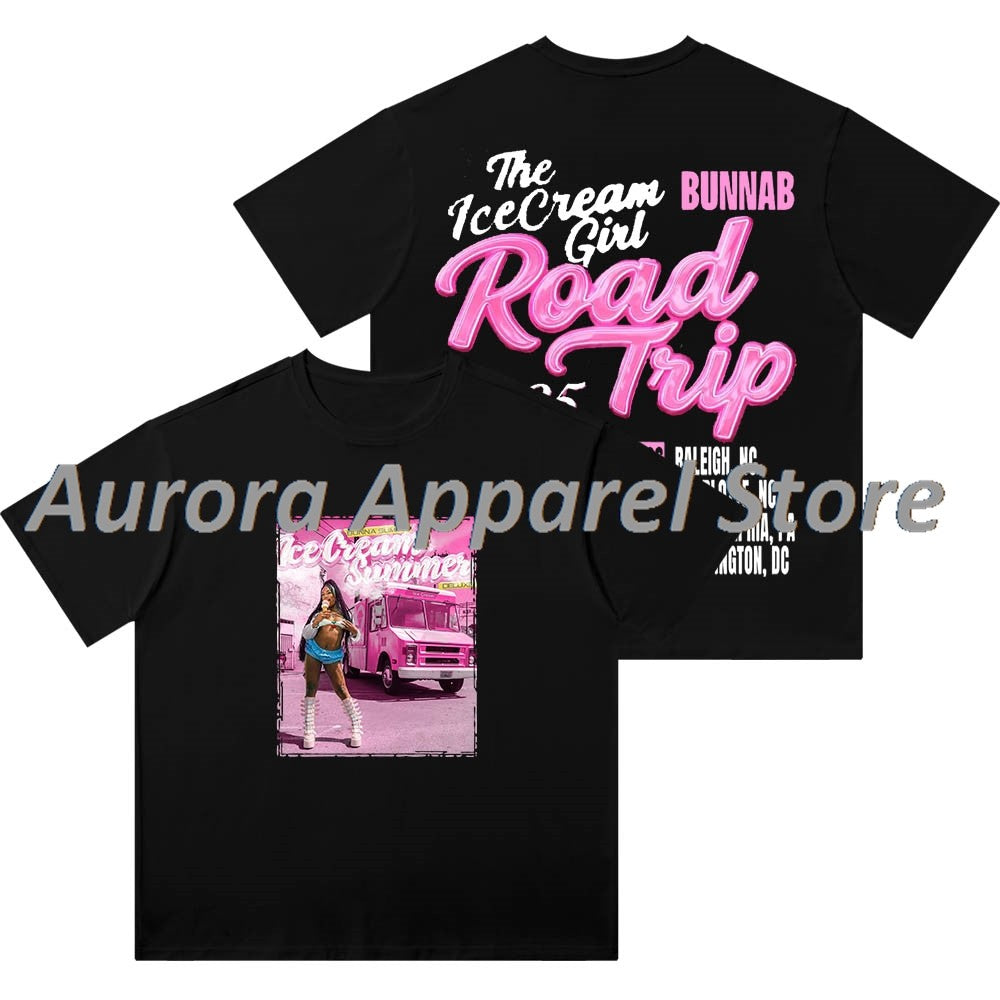 BunnaB The Ice Cream Girl Road Trip Vintage Wash T-Shirts Cosplay Women Men Cotton Short Sleeve Tee