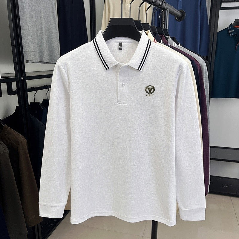 100Cotton Luxury Quality Men's Polo Shirt Striped Collar Breathable V-Print Long Sleeve Autumn Lapel T-Shirt Business Menswear