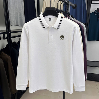 100Cotton Luxury Quality Men's Polo Shirt Striped Collar Breathable V-Print Long Sleeve Autumn Lapel T-Shirt Business Menswear