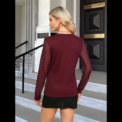 Women's Waffle Knit Tops Dressy Business Casual Blouses Lace Long Sleeve Work Shirts Fall Clothes Wine Red XL-A55G