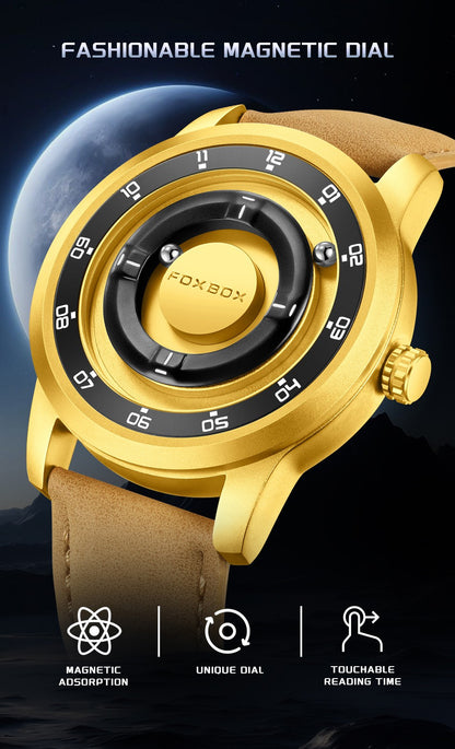 FOXBOX Fashion Unique Dial Man Watch Leather Casual Sports Srolling Bead Magnetic Force Waterproof Quartz Watches for Men Clocks