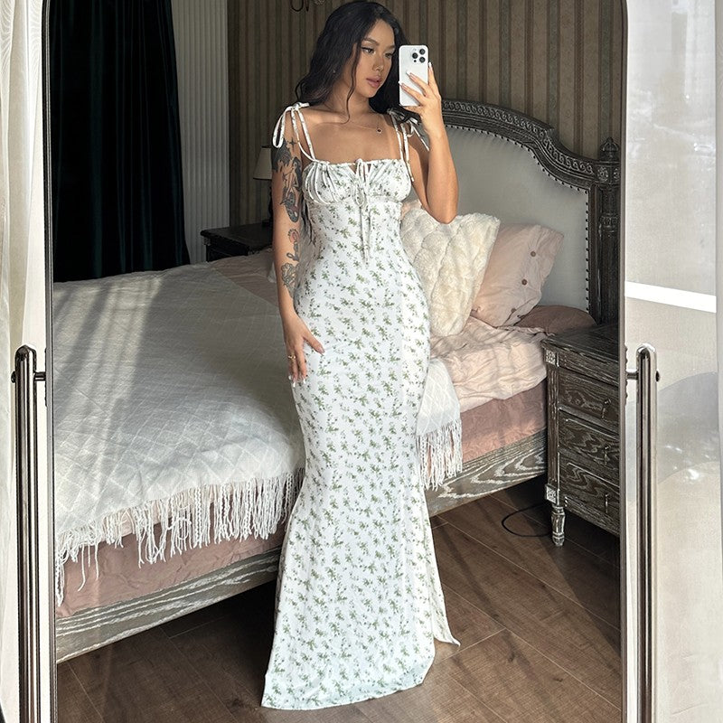 Hugcitar Floral Print Sleeveless Backless Slips Lace Up Maxi Dress Sexy Bodycon