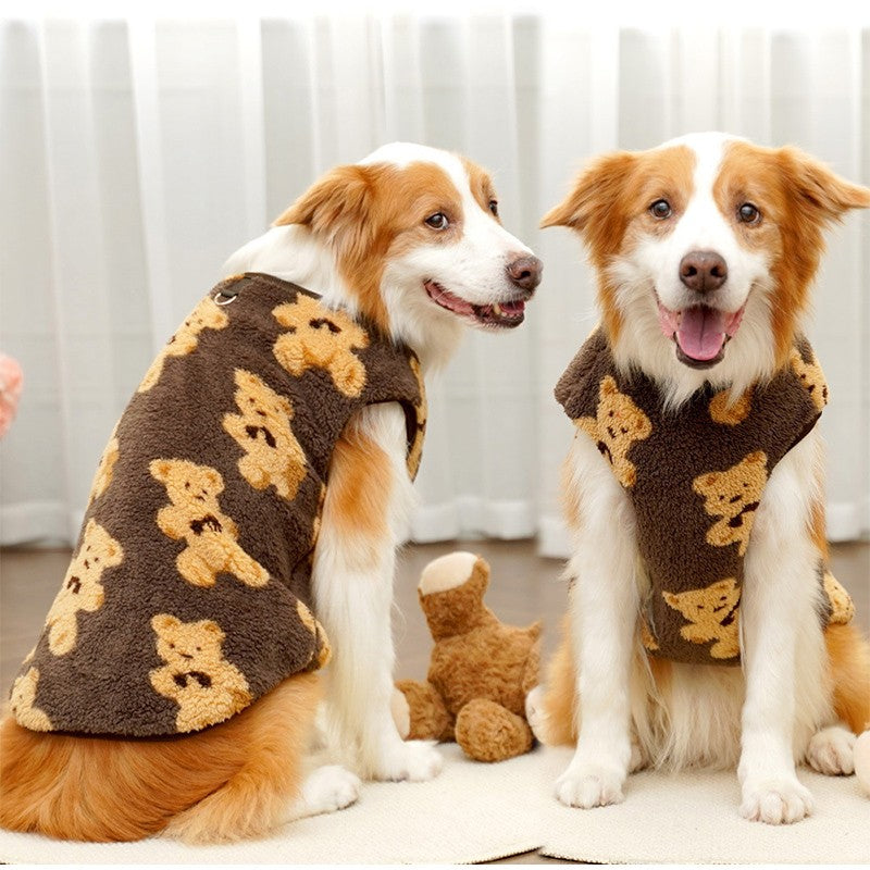 3GG-8GG Outono/Inverno Pelúcia Padrão de Urso Fofo Suéter para Cães Grandes Casaco de Lã Quente com Capuz Colete Suéter para Animais de Estimação Roupas para Animais de Estimação