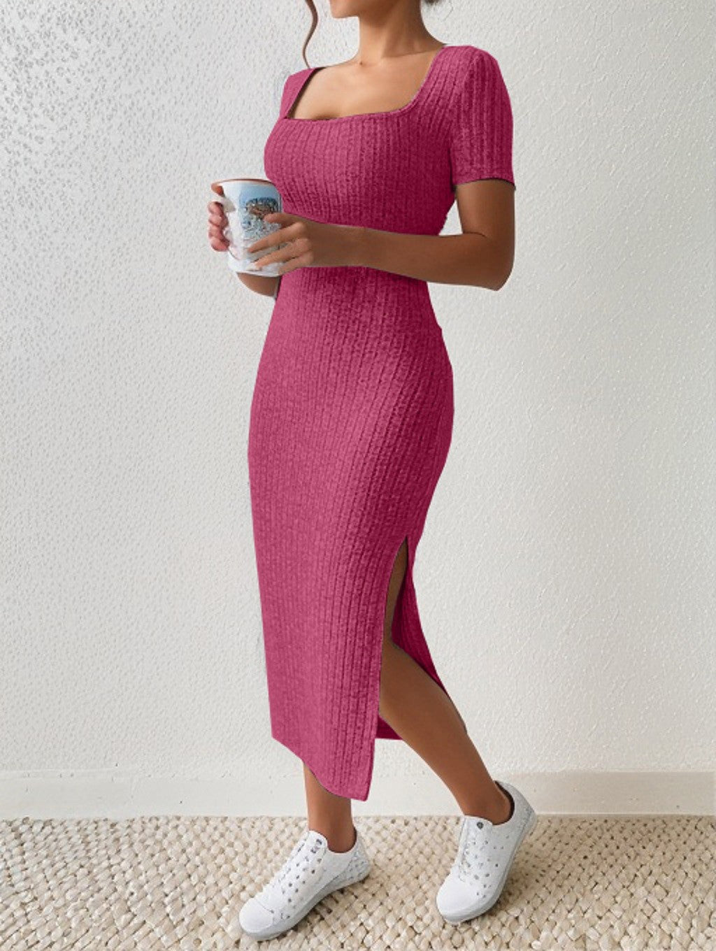 Summer Square Neck, Hip-Hugging Mid-Length Skirt, Short-Sleeved, Versatile Knitt