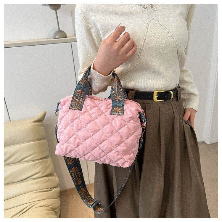 Women Wide Shoulder Belt Handbag Fall/Winter Rhombus Space Cotton Shoulder Bag Large Capacity All-Match Shopping Tote Bag