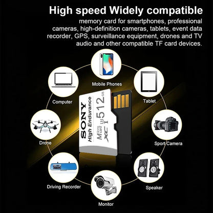 Cartão Micro TF/SD de Alta Resistência SONY 512GB 64GB 128GB 256GB Cartão de Memória de até 100MB/s Cartão Flash TF para Monitoramento Câmera Veicular