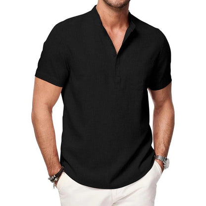 Men's Henley Neck T-shirt Cotton Linen Button Pocket  Tees Casual Short Sleeve Vacation Beach Style Solid Color Lightweight Tops