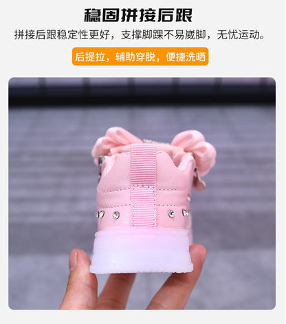 Spring Kids Shoes New Fashion Breathable Sneakers Kids Soft Non Slip Casual Girls Shoe LED Light Cute Versatile Princess Shoe