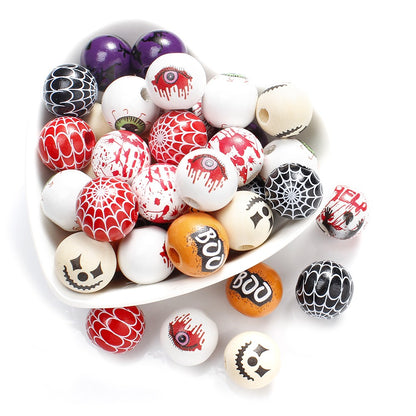 10pcs 16mm Wooden Spacer Beads Halloween Print Spider Eye Witch Bloodstain Ghost Face Mask Beads For Making Bracelet Necklace