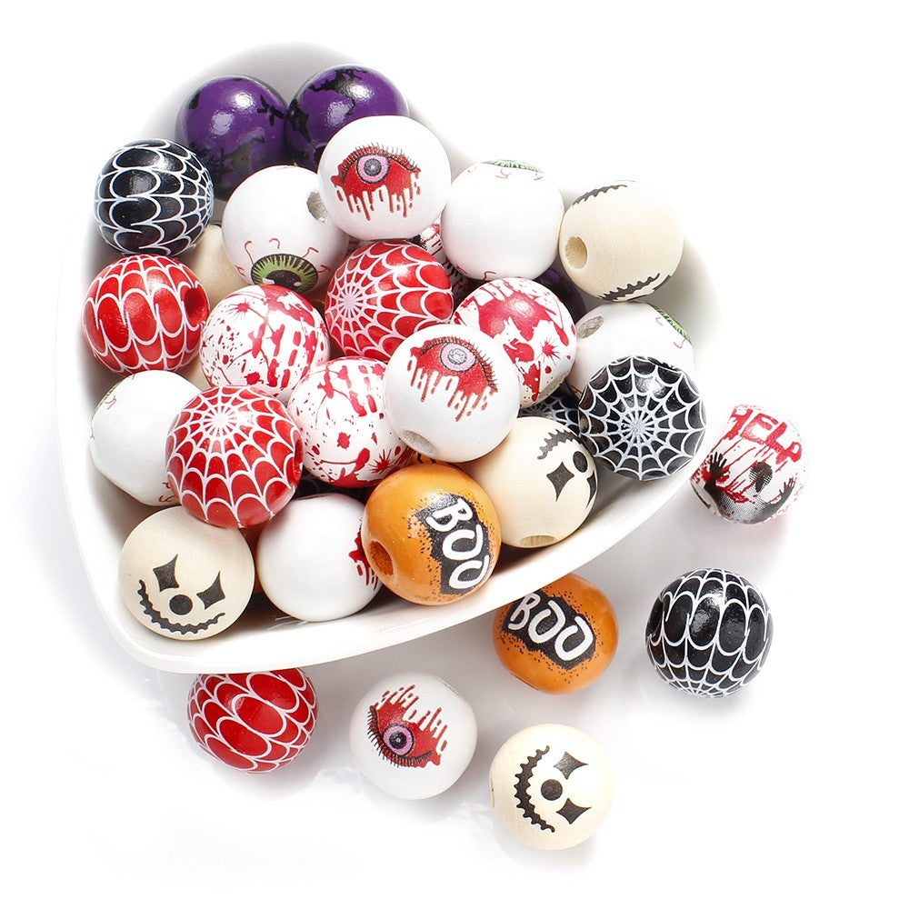 10pcs 16mm Wooden Spacer Beads Halloween Print Spider Eye Witch Bloodstain Ghost Face Mask Beads For Making Bracelet Necklace