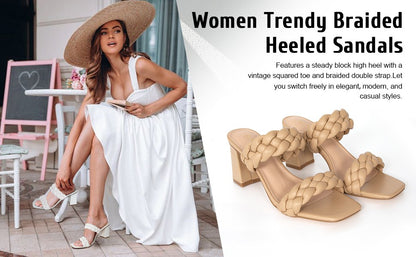 Elegant Women's Braided Heels Sandalias Fashion Strappy Square Sandals Open Toe Backless Mules Slip On Block Heeled Shoes