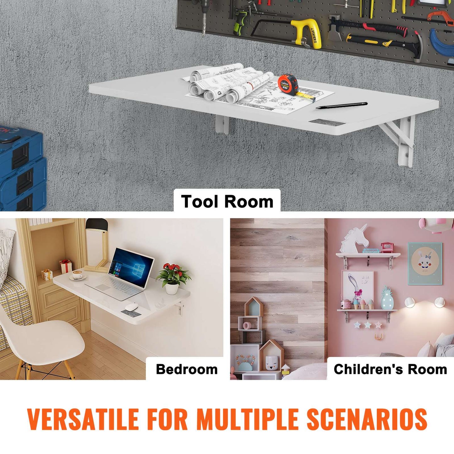 SucceBuy Wall Mounted Folding Table Drop Leaf  Floating Desk with Bracket Fold Down for Home Office Room Kitchen Space-Saving