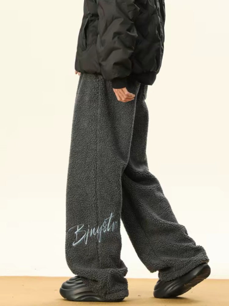 Women's Embroidered Flannel Sweatpants American Lamb Fleece Cotton Thickened Warm Couple Skiing Pants Autumn