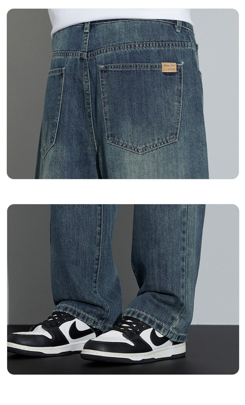 Winter Fleece Men's Warm Jeans Loose Wide Leg Thickened Thermal Retro Denim Pants Fashion Straight Streetwear Plush Trousers