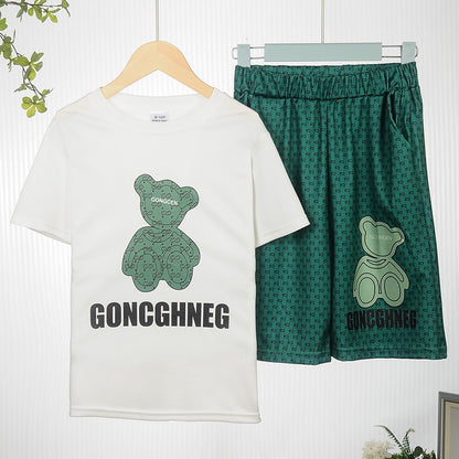 Conjunto de Roupa Infantil Menino Menina Camisetas e Shorts Estampados de Urso Cartoon 2 Peças Bebê Letra Impressa Top Calça Fato de Treino