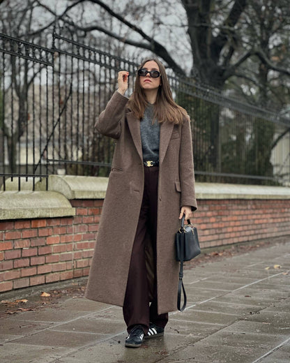 Women Elegant Shoulder Pad Wool Blend Overcoat Brown Lapel Single-breasted Long Sleeve Coat 2025 Autumn Lady Commuter Outerwear