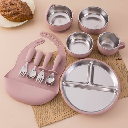 Color Kids 10PCS Infant Feeding Set Stainless Steel Silicone Tableware With Detachable Bowl Plate Bib Weaning Utensils For Baby