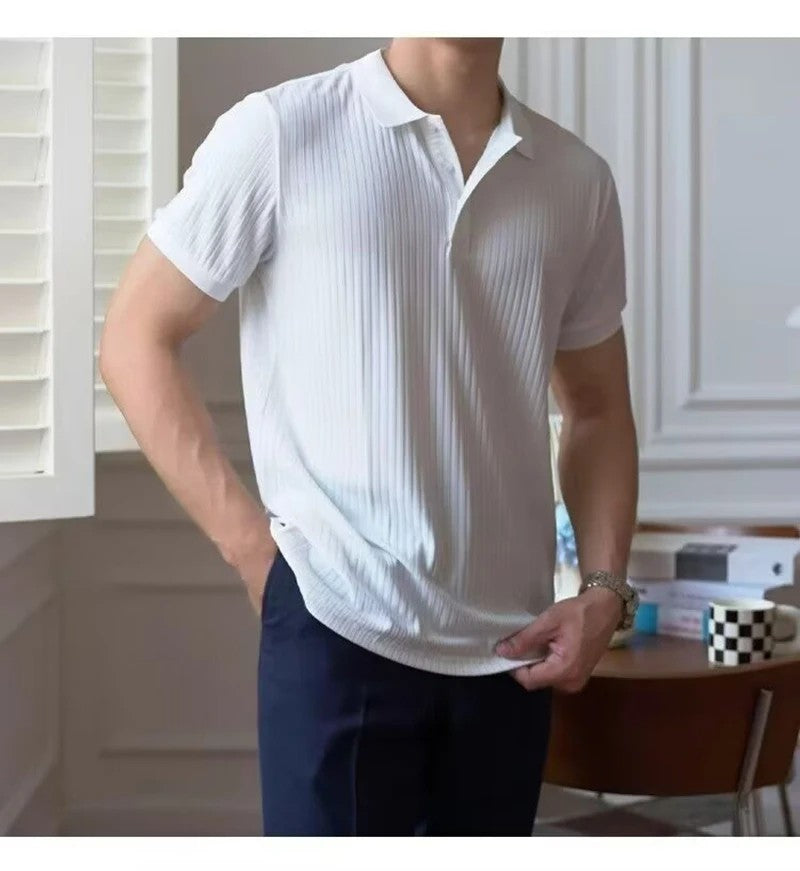 New Vertical Stripe Knit Polo Men's Shirts Summer Slim Solid Color Breathable Turn-Down Collar Business Short Sleeve Polo Tops