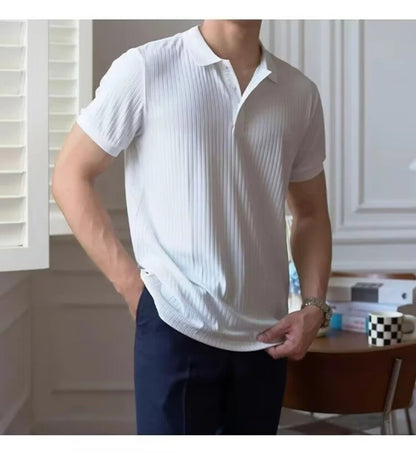 New Vertical Stripe Knit Polo Men's Shirts Summer Slim Solid Color Breathable Turn-Down Collar Business Short Sleeve Polo Tops