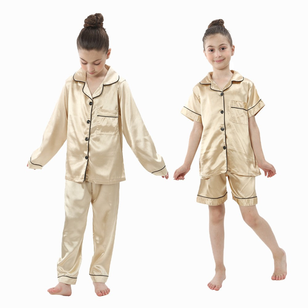 2 to 14 Years Boys Girls Pajamas Sets Kids Silk Satin Top Pant Long/Short Sleeve Solid Pyjamas Suits Nightgown Child Sleepwear
