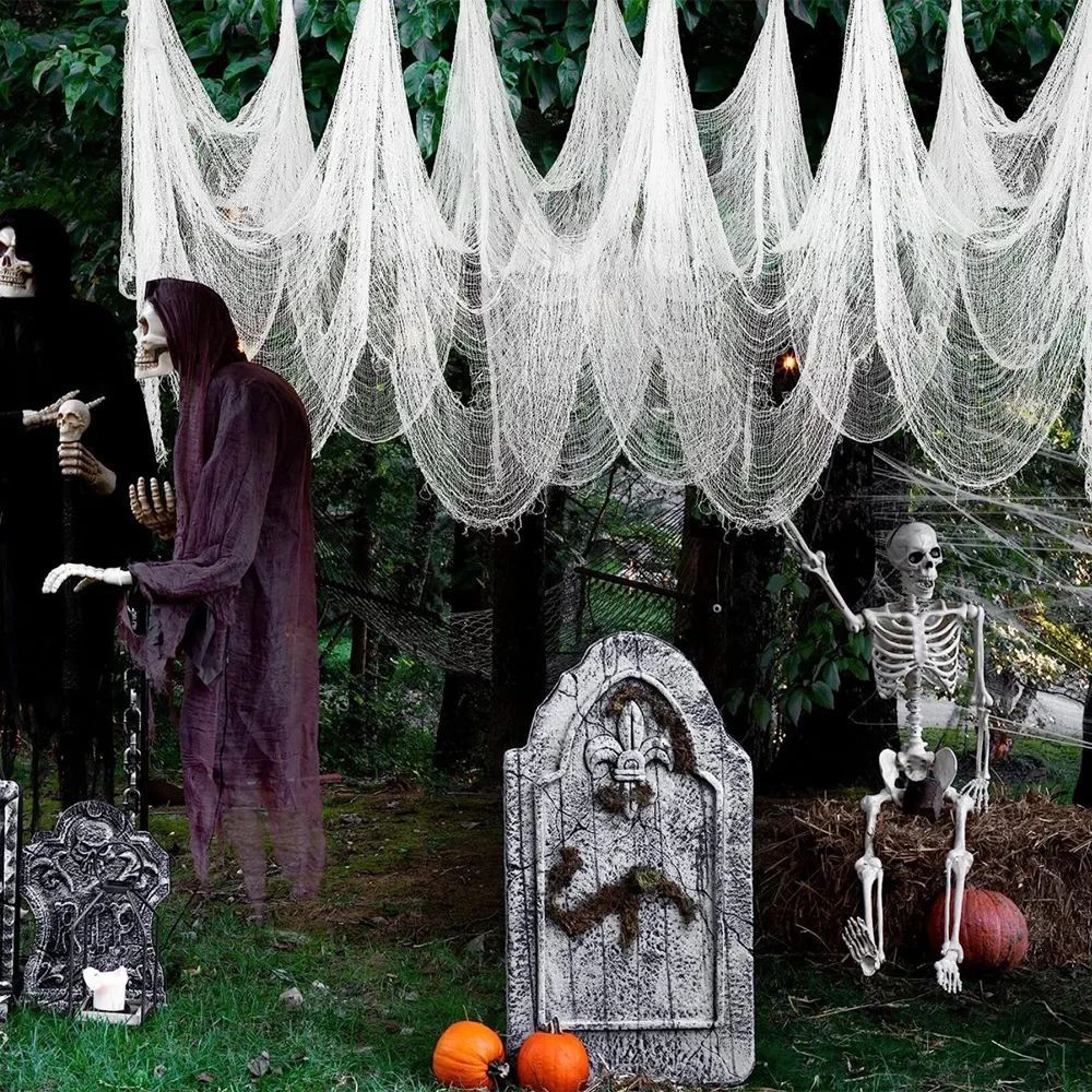 Decorações de Gaze Horripilantes de Halloween para Casa Assombrada com Teia de Aranha Preta Manchada de Sangue para Interiores Assustadoras para Pendurar no Corredor