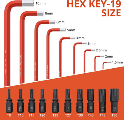 Jogo de Chaves Allen de 9 Peças com Pontas Torx T8-T50 e 1.5-10mm, Jogo de Chaves Hexagonais com Ponta Esférica em Aço S2 Inclui Adaptador para Manutenção de Máquinas
