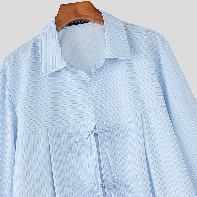 INCERUN Men Striped Shirt Lapel Long Sleeve Lace Up Hollow Out Men Clothing Oversize Korean Style Streetwear Casual Shirts Men