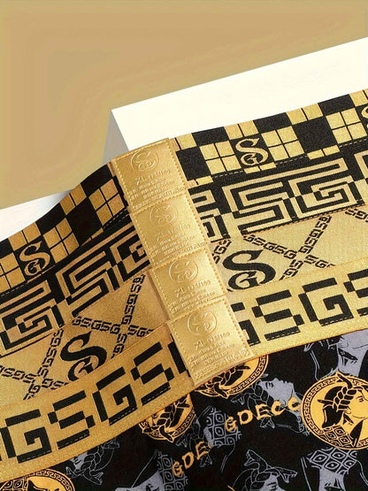 4pcs with Gift Boxed Men's Underwear Boxer Briefs, Ice Silk Trunks Calzoncillos Underpants, Wicking Breathable Luxury Black Gold