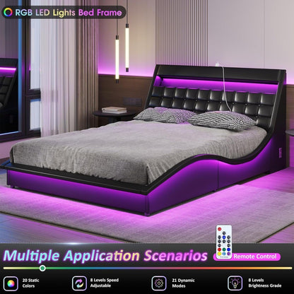 Queen Size LED Bed Frame with Bluetooth Speaker, PU Leather Upholstered Platform Bed Frame with Charging Station, Modern