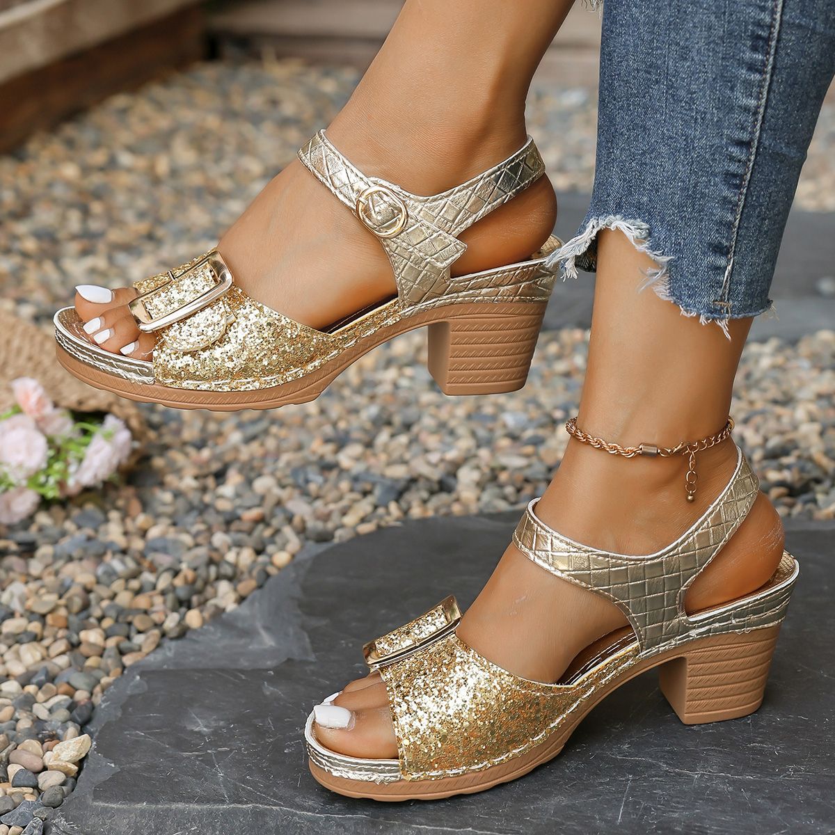 Women's Shiny Sequin High Heels Sandals Summer Ankle Buckle Beach Sandals Casual Woman Plus Size 43 Women's Shoes