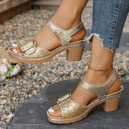 Women's Shiny Sequin High Heels Sandals Summer Ankle Buckle Beach Sandals Casual Woman Plus Size 43 Women's Shoes