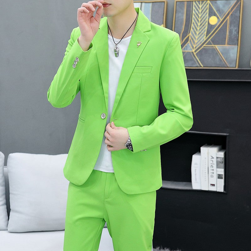Men's Slim Fit Two-Piece Set Korean Style Spring Autumn Casual Trend British Hair Stylist Fashion Suit plus Trousers
