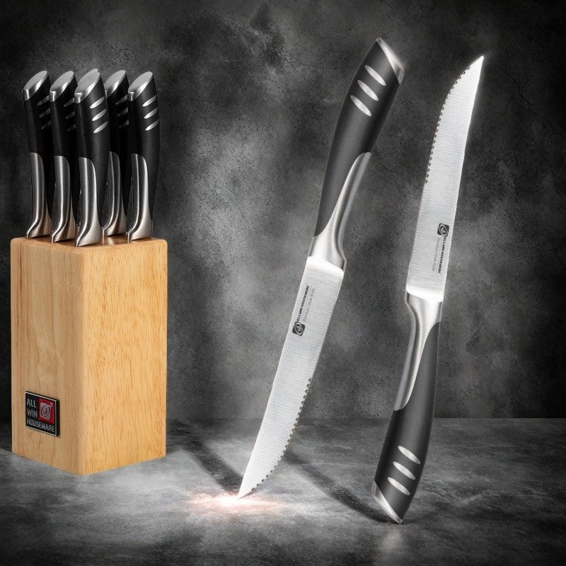 6-Piece Steak Knife Block Set High Carbon Stainless Steel Table Knife And Table Fork Set Double Forged Full Handle Dinner Knife